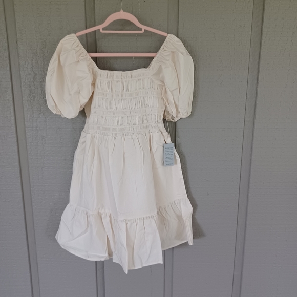Eliza J Puff Sleeve Smocked Fit And Flare Dress Size 10 Preppy Cotton In Natural - Picture 1 of 12